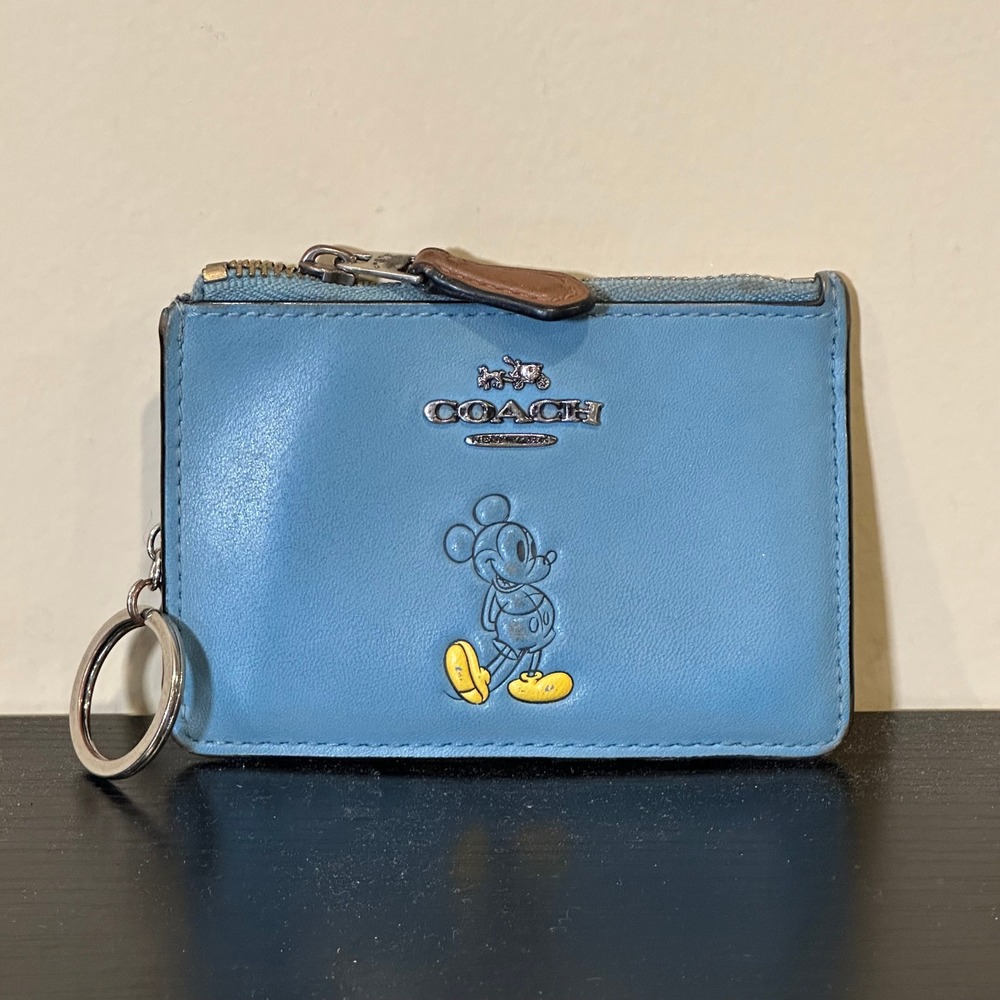Disney x Coach Mickey Mouse Mini Skinny ID Case Blue Leather Wallet Keychain